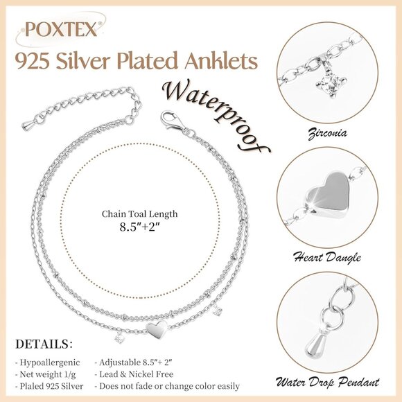 Sterling Silver Anklet Bracelets for Women Waterproof, 925 Sliver Plated CZ & He - Picture 3 of 9